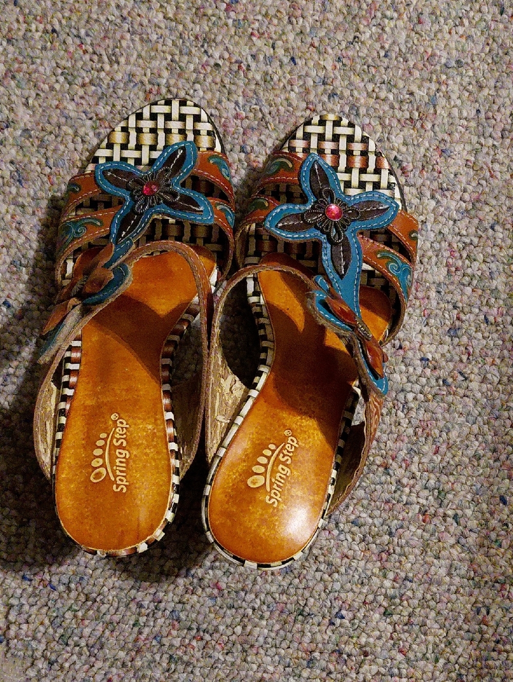 Spring Step Brown and Blue Floral Embellished Slide Mules